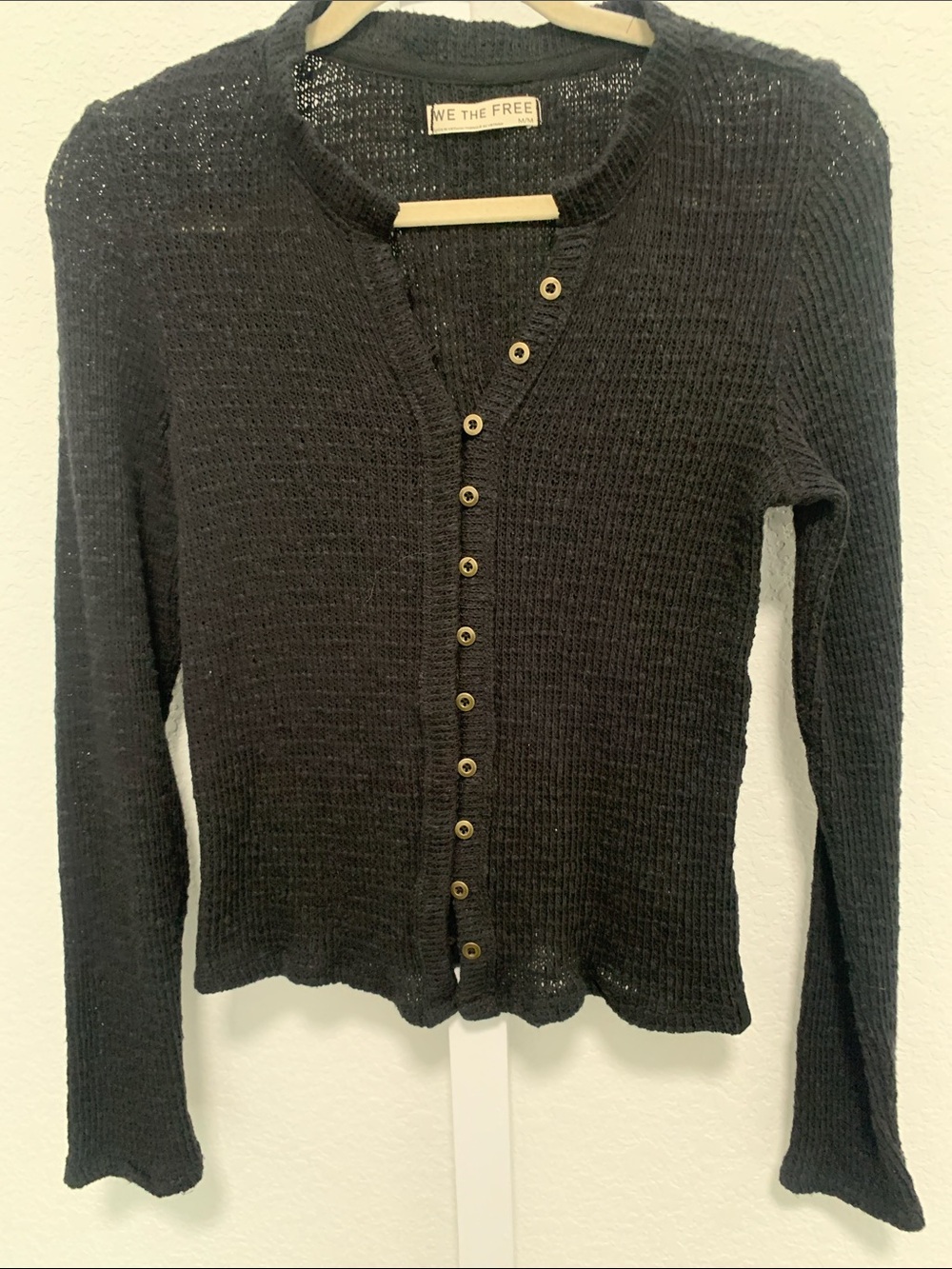 Free People Black Waffle Knit Button-Up Top - Picture 4 of 8